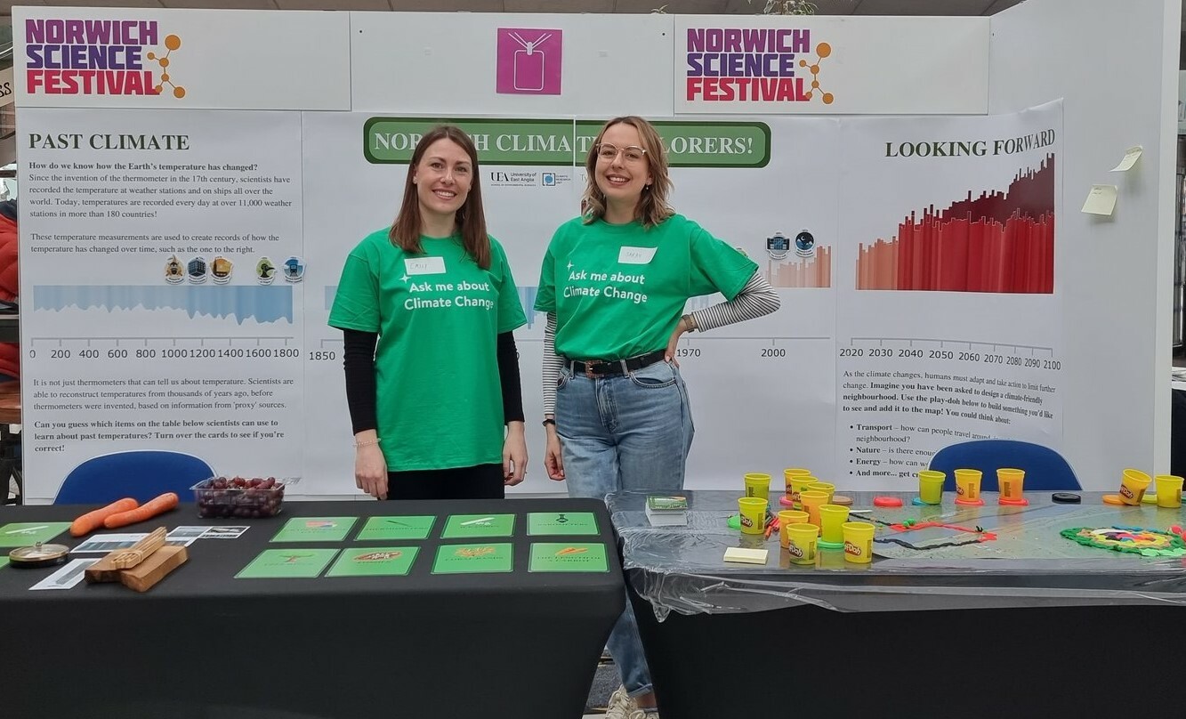 The "Norwich Climate Explorers" stand with Emily Wallis and Sarah Wilson Kemsley